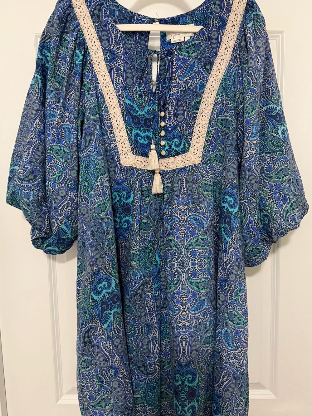 Anthropologie Blue and Teal Paisley Romper with Cream Lace Yoke